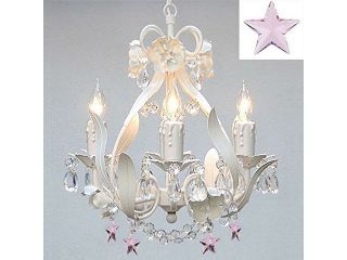 White Iron Empress Crystal(tm) Chandelier Lighting w/ Pink Crystal Stars!   Nursery, Kids, Girls Bedrooms, Kitchen, Etc!