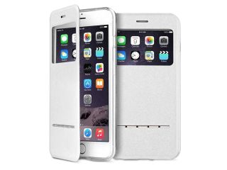 iPhone 6s Plus Case   Smart PU Leather Window View Touch Metal Front Flip Cover W Open Logo Back Folio Case for iPhone 6s Plus 5.5" White