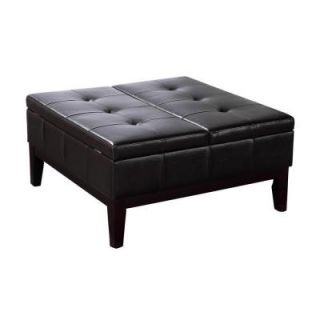 Simpli Home Dover Collection Square Coffee Table and Ottoman with Split Lift Up Lid in Dark Brown Wood 3AXC OTT235
