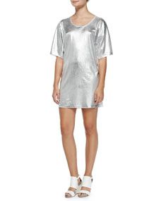 McQ Alexander McQueen Short Sleeve Silver Foil T Shirt Dress, Optic White