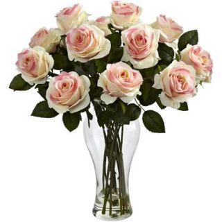 Nearly Natural Blooming Roses with Vase, Light Pink