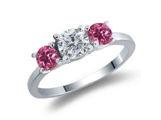 0.98 Ct Round I/J Diamond Pink Tourmaline 18K White Gold 3 Stone Ring