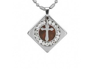 Stainless Steel Cross Redwood Cubic Zirconia Circle Diamond Pendant Necklace 20"