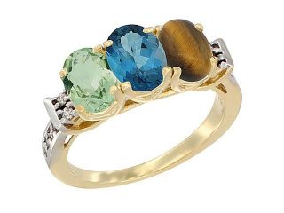 10K Yellow Gold Natural Green Amethyst, London Blue Topaz & Tiger Eye Ring 3 Stone Oval 7x5 mm Diamond Accent, sizes 5   10