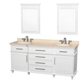 Wyndham Collection Berkeley 72 in. Double Vanity in White with Marble Vanity Top in Ivory, Oval Sink and 24 in. Mirrors WCV171772DWHIVUNRM24