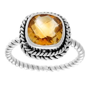 Samuel B. Sterling Silver Citrine Cushion Center Twisted Band Ring