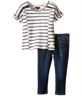 7 For All Mankind Kids The Skinny Five Pocket Denim Jeans and Reverse French Terry Rolled Cap Sleeve Striped Top (Toddler) Crown Blue