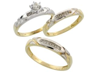10k Yellow Gold Diamond Trio Wedding Ring Set His 4mm & Hers 3.5mm, Men's Size 8 to 14