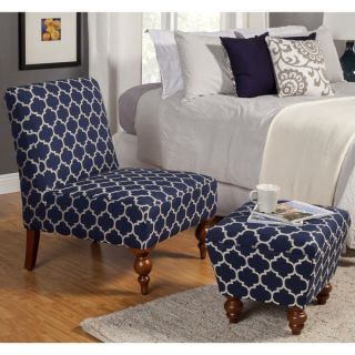 HomePop Slipper Blue/ Cream Quatrefoil Accent Chair and Ottoman