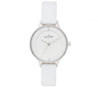 Skagen Womens Crystal Accented White Leather Strap Watch —