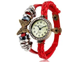 E009 Women's Round Dial Analog Display Wrist Watch with Crystal Decoration and Butterfly Leather Strap