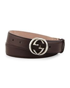 Gucci Leather GG Buckle Belt, Brown