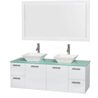 Wyndham Collection Amare 60 in. Double Vanity in Glossy White with Glass Vanity Top in Green, Porcelain Sinks and 58 in. Mirror WCR410060DGWGGD2WM58