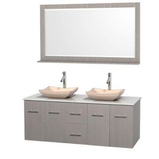 Wyndham Collection Centra 60" Double Bathroom Vanity, Matte White, White Man Made Stone Countertop, Avalon Ivory Marble Sinks and 58" Mirror