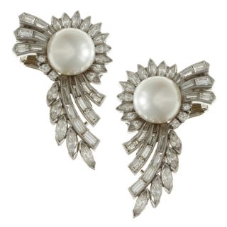 Pre owned Platinum Pearl and 4ct TDW Diamond Antique Estate Earrings
