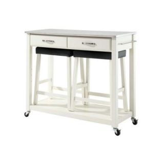 Crosley 42 in. Stainless Steel Top Kitchen Island Cart with Two 24 in. Upholstered Saddle Stools in White KF300524WH