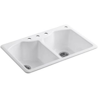 KOHLER Bellegrove Top Mount Cast Iron 33 in. 4 Hole Double Bowl Kitchen Sink with Accessories in White K 6482 4A4 0