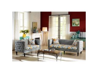 Baxton Studio Penelope Gray Velvet and Paisley Floral Sofa and Loveseat Set