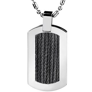 Stainless Steel Black Cable Rope Inlay Dog Tag Pendant Necklace