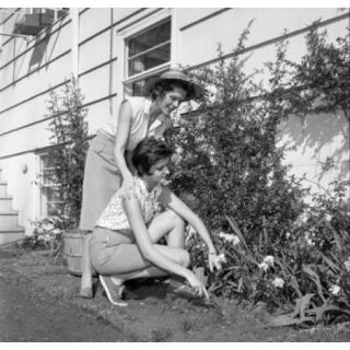 Mother and adult daughter gardening outside house Poster Print (18 x 24)