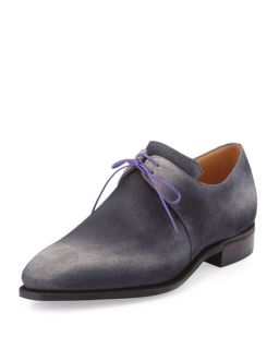 Corthay Arca Suede Derby Shoe with Flint Patina & Purple Piping, Grey