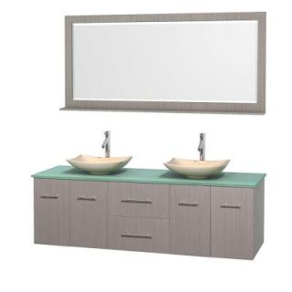 Wyndham Collection Centra 72 in. Double Vanity in Gray Oak with Glass Vanity Top in Green, Ivory Marble Sinks and 70 in. Mirror WCVW00972DGOGGGS5M70