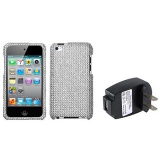 Insten Silver Protector Cover(Diamante 2.0) Case For iPod Touch 4+USB AC Wall Charger