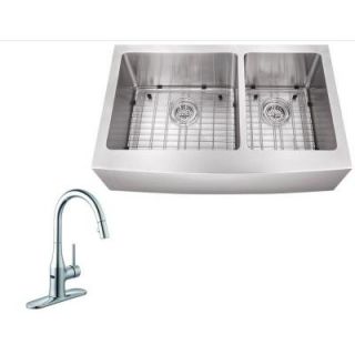 Schon All in One Farmhouse Apron Front Stainless Steel 36 in. Double Bowl Kitchen Sink with Faucet SC1967558CR