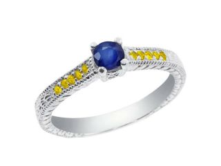 0.33 Ct Round Blue Sapphire Yellow Citrine 18K White Gold Engagement Ring