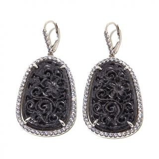 Jade of Yesteryear Carved Charcoal Jade and CZ Sterling Silver Drop Earrings   7837970