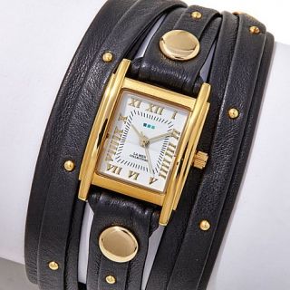 La Mer Square Case Goldtone Studded Black Leather Wrap Design Watch   8062050