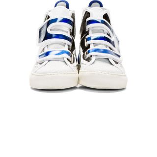 Raf Simons White & Blue Etched Leather High Top Sneakers