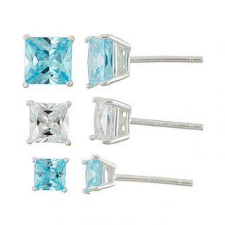 Sterling Silver 3 Pair Cubic Zirconia Blue and White Square Stud