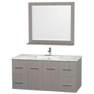 Wyndham Collection Centra 48 inch Single Bathroom Vanity in Gray Oak, White Carrera Marble Countertop, Square Porcelain Undermount Sink, and 36 inch Mirror