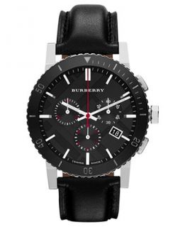 Burberry Watch, Swiss Chronograph Black Leather Strap 42mm BU9382