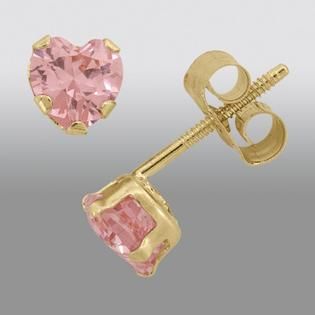 Childs Cubic Zirconia Pink Heart Stud Earrings. 14K Yellow Gold