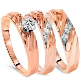 1/3ct Diamond Engagement Trio Wedding Band Set 14K Rose Gold