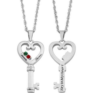 Personalized Couples Name & Birthstone Heart Key Diamond Accent Necklace