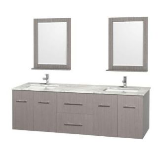 Wyndham Collection Centra 72 in. Double Vanity in Gray Oak with Marble Vanity Top in Carrara White, Square Sink and 24 in. Mirror WCVW00972DGOCMUNSM24