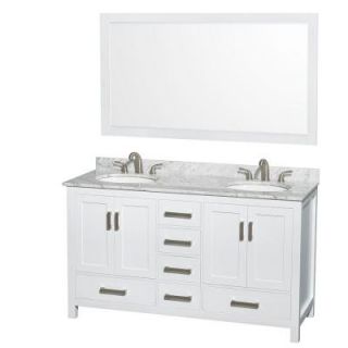Wyndham Collection Sheffield 60 in. Double Vanity in White with Marble Vanity Top in Carrara White and 58 in. Mirror WCS141460DWHCMUNOM58