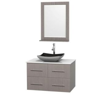 Wyndham Collection Centra 36 in. Vanity in Gray Oak with Solid Surface Vanity Top in White, Black Granite Sink and 24 in. Mirror WCVW00936SGOWSGS1M24
