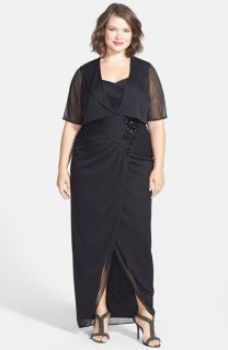 Adrianna Papell Embellished Shirred Faux Wrap Gown with Jacket (Plus Size)
