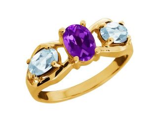 1.61 Ct Oval Purple Amethyst and Aquamarine Gold Plated Silver Ring