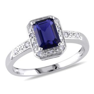 Miadora Sterling Silver Emerald cut Created Sapphire and Diamond Ring