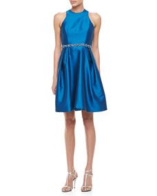 ML Monique Lhuillier Sleeveless Belted Party Dress, Sky
