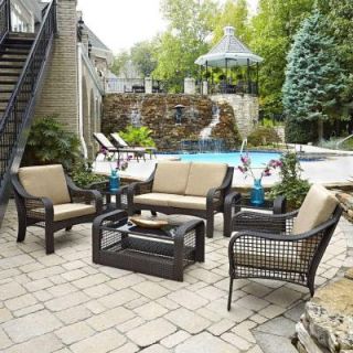 Home Styles Lanai Breeze Dark Brown Woven 2 Piece Love Seat Patio Accent Chairs, 2 End Tables and Coffee Table 5804 300