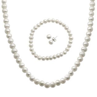 Sterling Silver 3 Piece White Freshwater Pearl Necklace Bracelet and