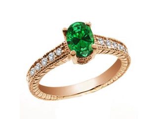 1.64 Ct Oval Green Simulated Emerald White Topaz 14K Rose Gold Ring