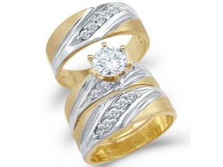 14k Yellow Two Tone Gold CZ Engagement Wedding His and Hers Trio Three Piece Ring Set Round Cut