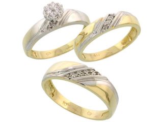 10k Yellow Gold Diamond Trio Engagement Wedding Ring 3 piece Set for Him and Her 6 mm & 4.5 mm wide 0.10 cttw Brilliant Cut, ladies sizes 5 – 10, mens sizes 8   14